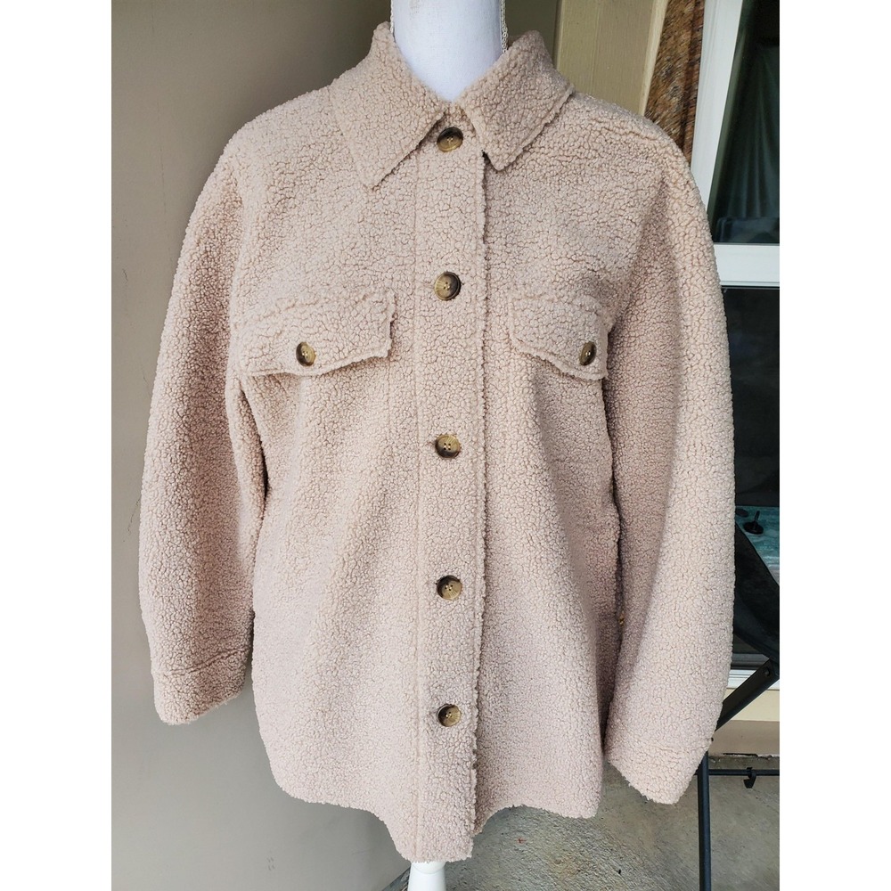 Joie Teddy Jacket Womens Medium Beige Sherpa Fleece Button Up Shacket Thick Cozy
